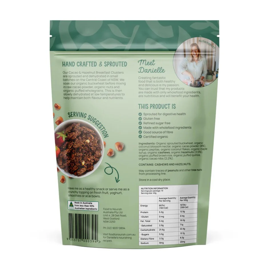 Food To Nourish Sprouted Clusters Cacao & Hazelnut 400g - Image 2