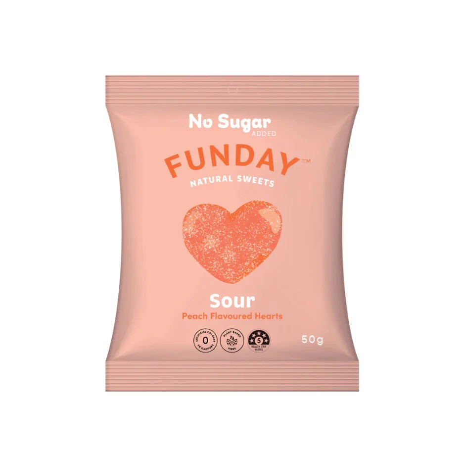Funday Sour Peach Hearts 50g - Box of 12