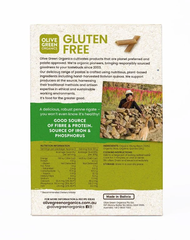 Olive Green Organics Gluten Free Mung Bean & Quinoa Penne Rigate 250g - Image 2