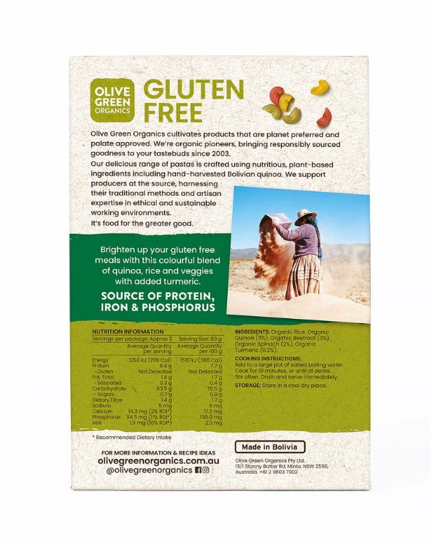 Olive Green Organics Gluten Free Pasta Quinoa & Rice Veg & Turmeric Elbows 250g - Image 2