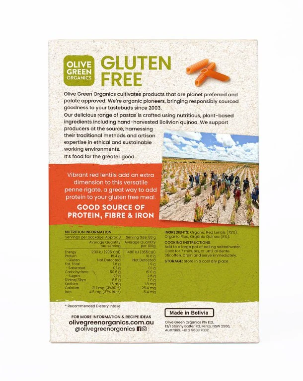 Olive Green Organics Gluten Free Red Lentil & Quinoa Pasta Penne Rigate 250g - Image 2